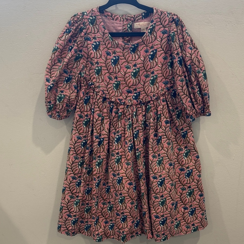 Pink Chicken Floral Kids Dress with Blue and Green Accents